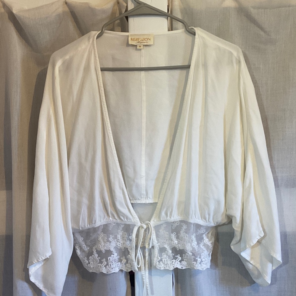 Rebellion Ivory Lace-Trim Tie-Front Wrap Top